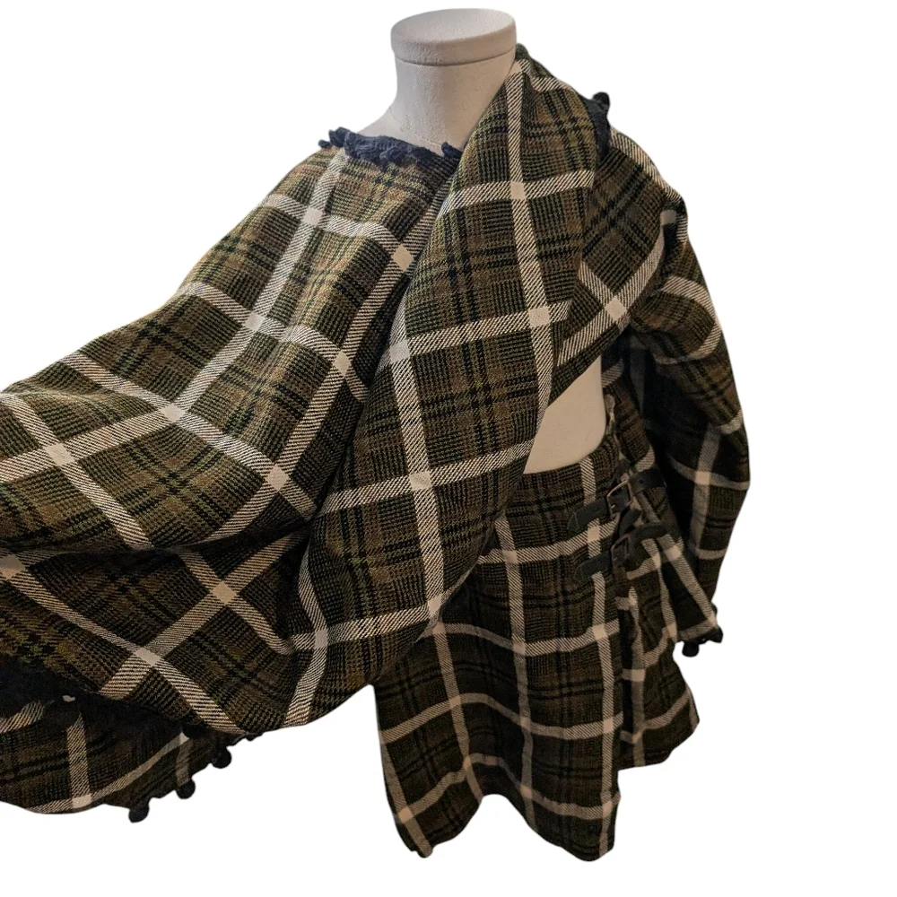70s Vintage Wool Plaid Poncho & Matching Skirt with Pom Pom‎ Trim MCM